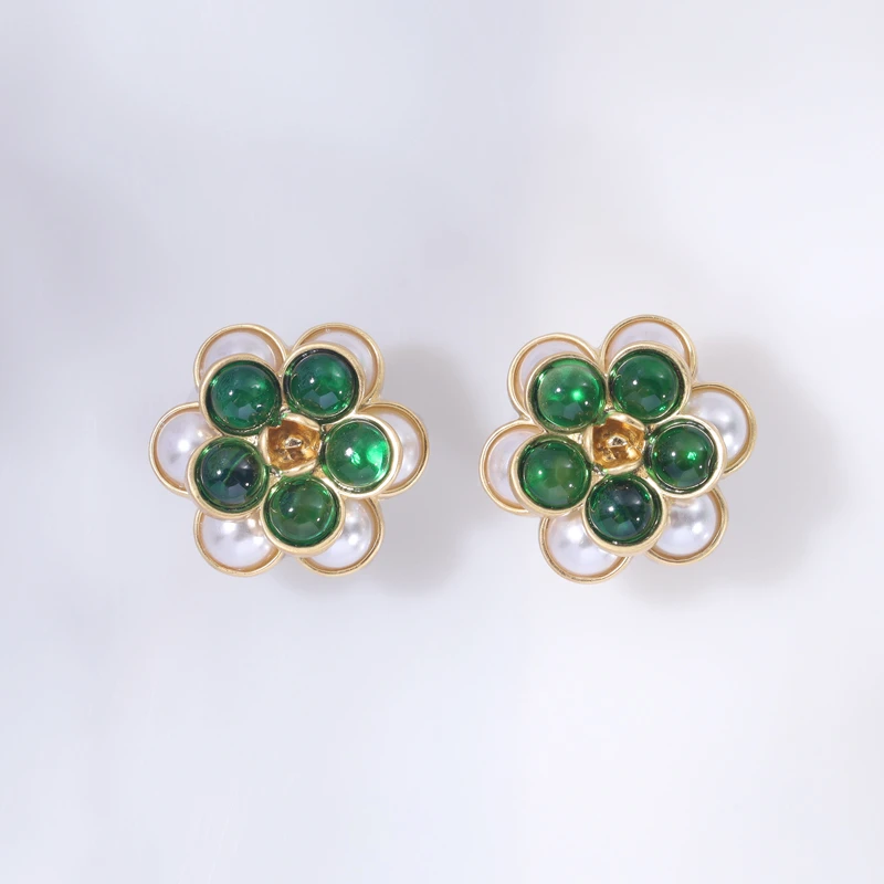 铜合金合成锆石耳饰 绿色花朵时尚百搭耳环6078