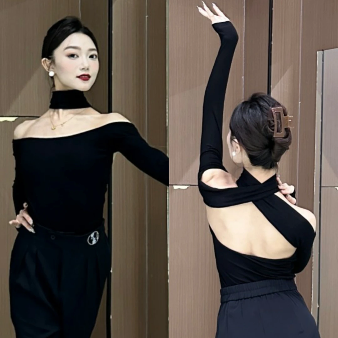 SC艺鑫一字肩挂脖拉丁摩登舞练功服女带胸垫连体简约气质秋冬118