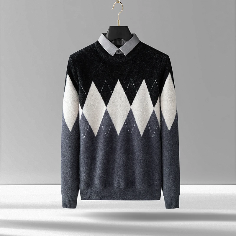 2024秋冬新款衬衫领毛衣男格纹提花假领男士针织衫假两件修身线衣