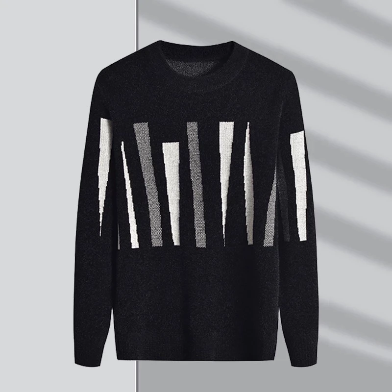 潮男高端立体提花长袖宽松内搭2024新款秋冬季针织衫毛衣男时尚
