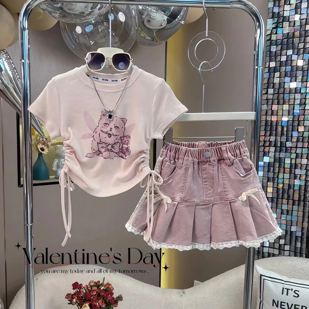 女童套装2024夏季新款韩版卡通甜美短袖松紧腰显瘦洋气女宝宝短裙