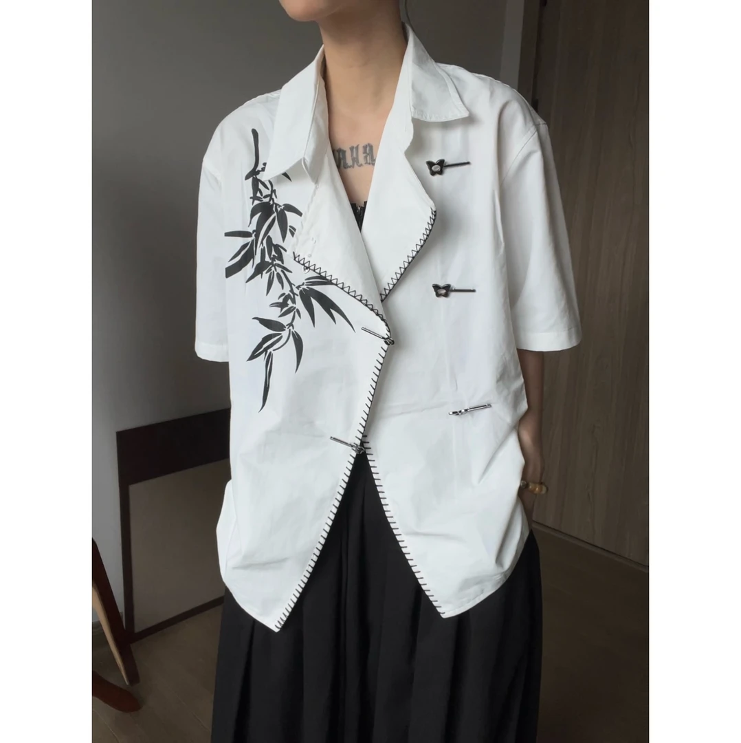 狗哥专属新中式富贵竹印花金属盘扣宽松休闲短袖衬衫