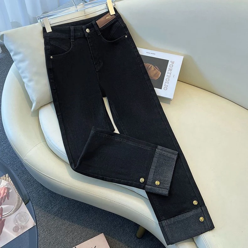 黑色直筒牛仔裤女春秋新款2025新款爆款小个子显瘦法棍拼接烟管裤