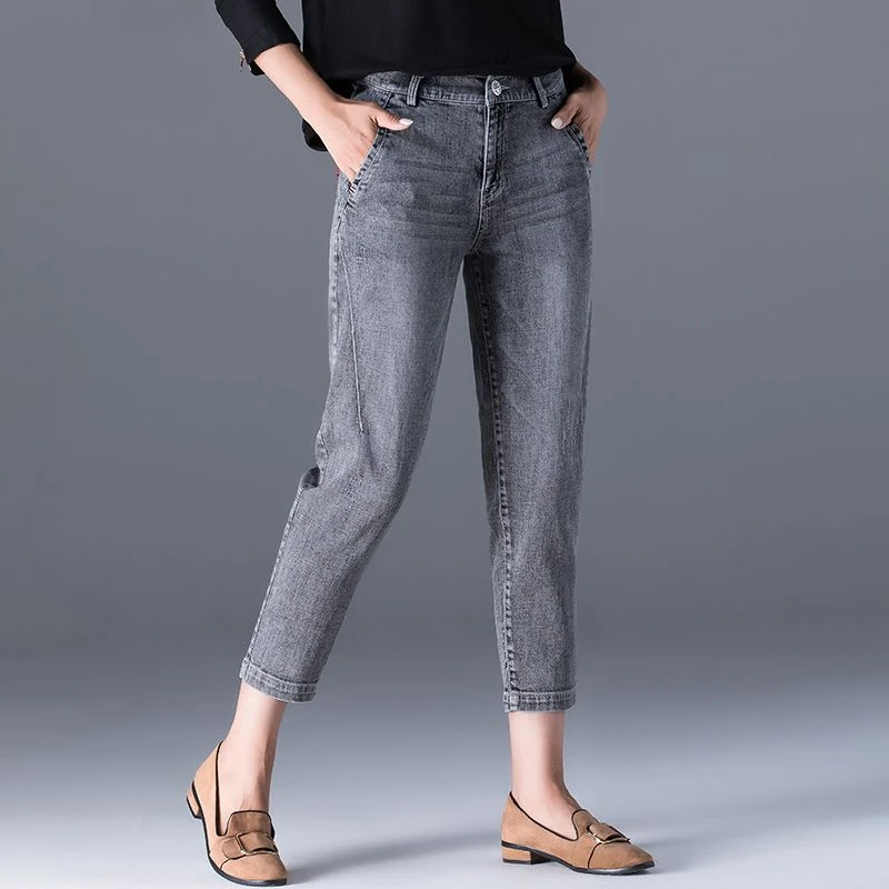 烟灰色牛仔裤女八分裤宽松秋季新款老爹萝卜裤大码九分女士哈伦裤