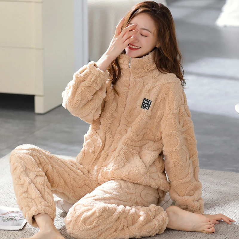 珊瑚绒睡衣女秋冬季拉链可外穿法兰绒保暖加厚加绒休闲家居服套装