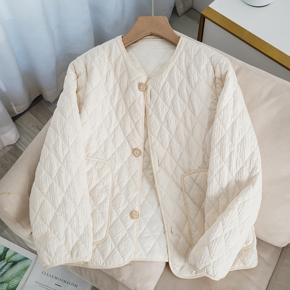 秋冬新款名媛风菱形格棉服小香风外套女时尚百搭显瘦休闲棉服