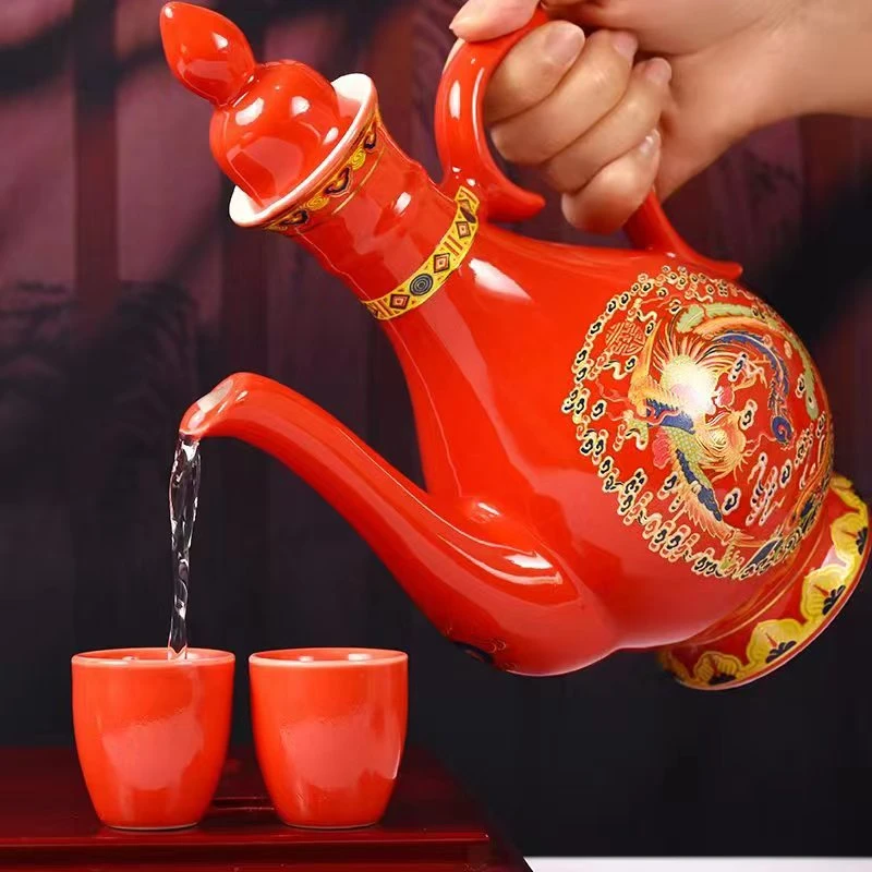 杏氿山西特产夜光龙凤红色平安如意酒壶500ml送俩个酒杯53度500