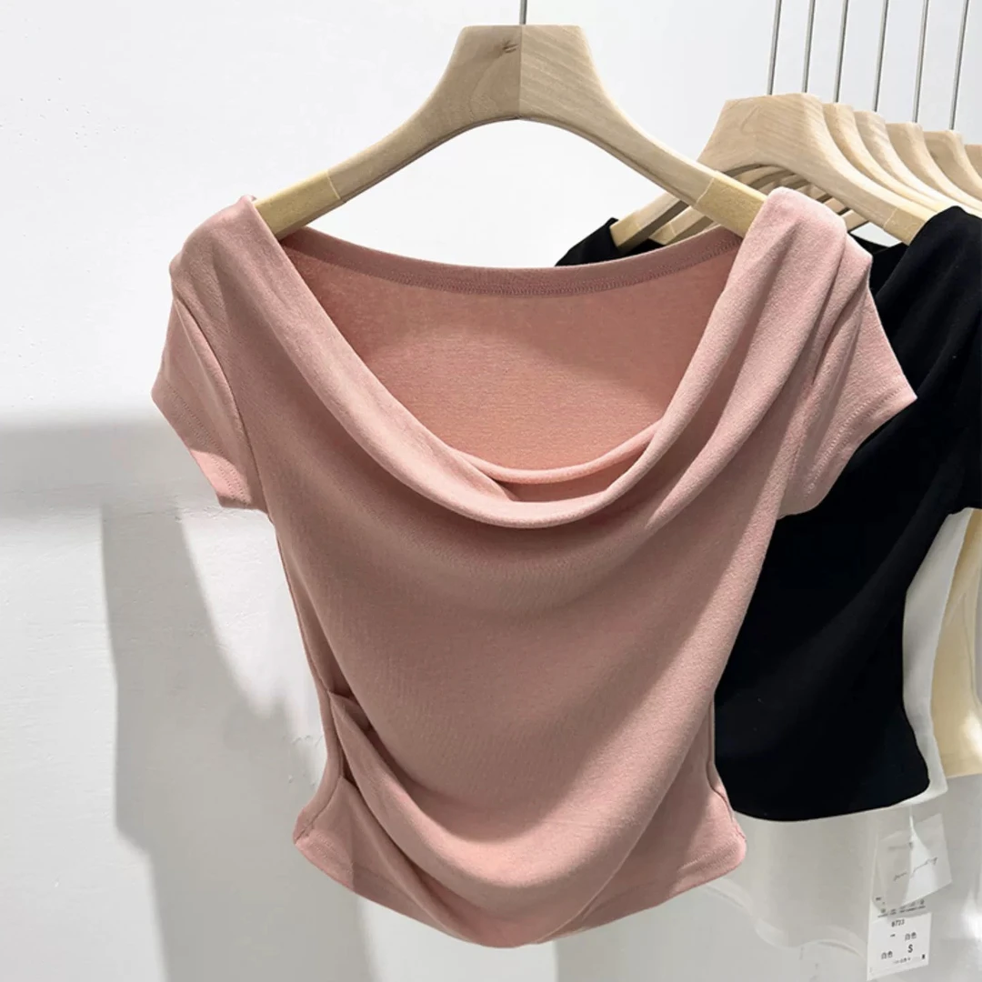 设计感荡领 短袖T桖2024新款夏季小众修身显瘦露肩短款上衣时尚
