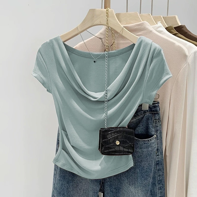今年爆款夏季褶皱不规则露肩荡领短袖t恤小众设计感纯欲辣妹上衣