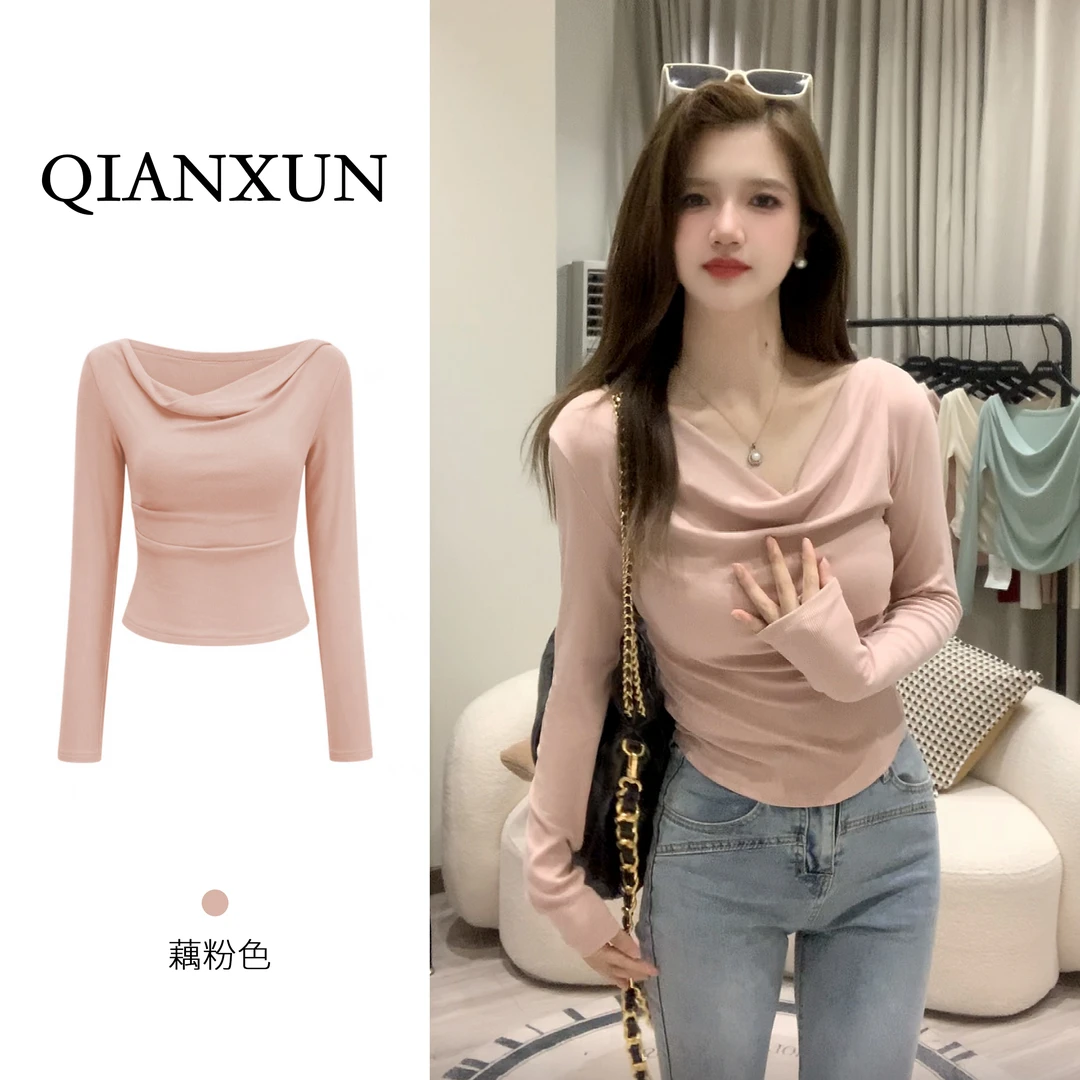 千寻家 春季荡领打底衫独特纯欲正肩内搭百搭显瘦设计感气质上衣