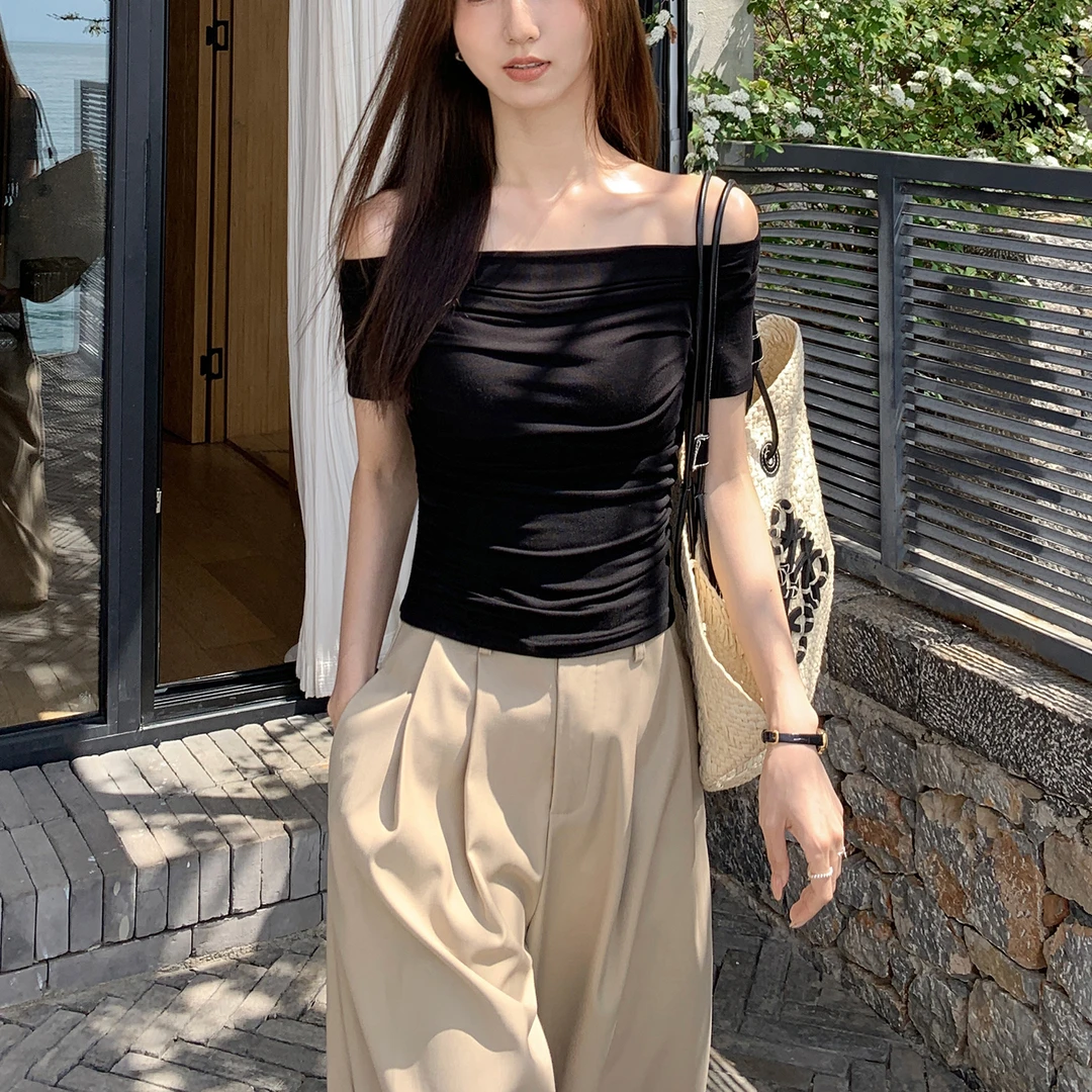 律动莫兰迪～露肩T恤女新款纯欲一字肩荡领短款弹力修身显瘦上衣