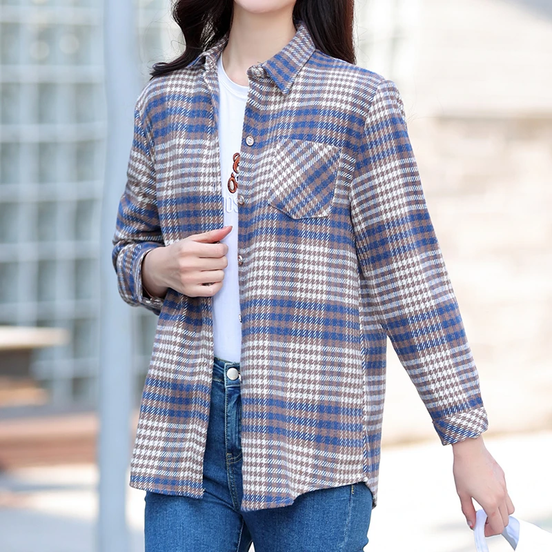 【加厚升级】80-180斤韩范宽松毛妮格子衬衫百搭洋气女外套