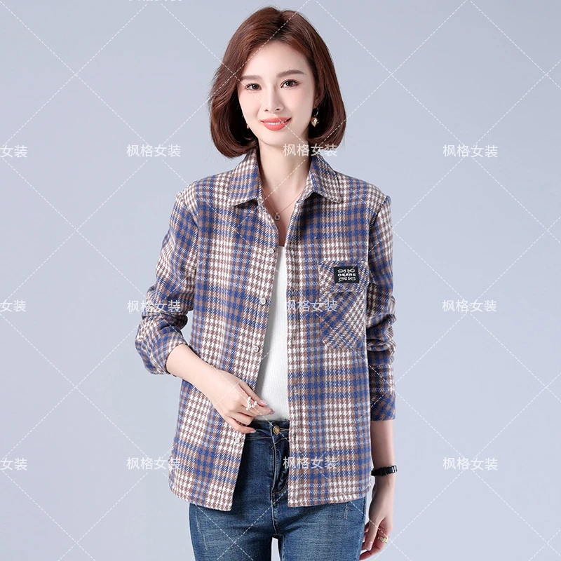 大码休闲宽松春季长袖格子衬衫 韩版打底磨毛百搭外套