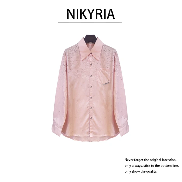 【HK潮款】夏季纯色轻奢百搭长袖宽松休闲时尚烫钻衬衣