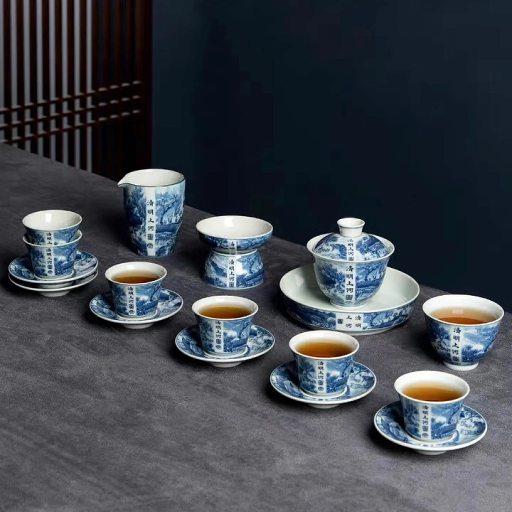 仿古青花瓷茶具套装清明上河图釉下彩釉下彩高端茶具套装