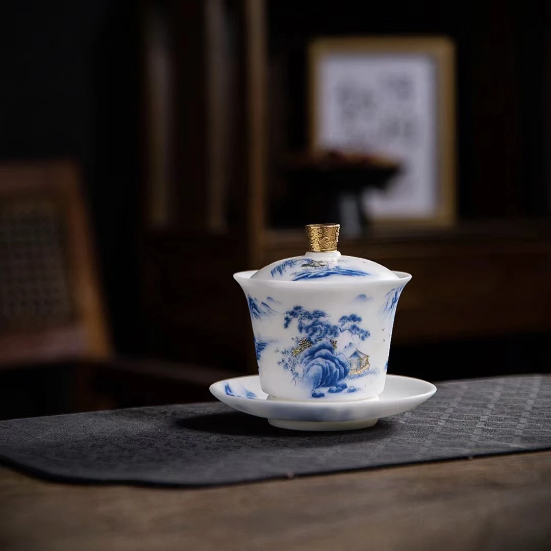 高档冰种玉瓷素烧兰彩江山如画三才马蹄盖碗薄胎白瓷泡茶碗180cc