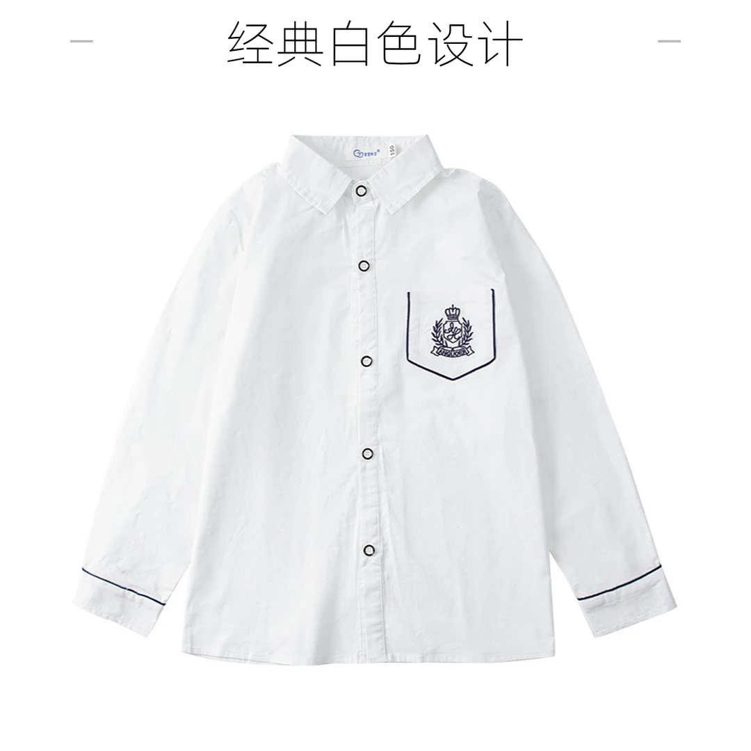 果果同学春秋季学生翻领白色刺绣长袖衬衫中大童小童春季学院休闲
