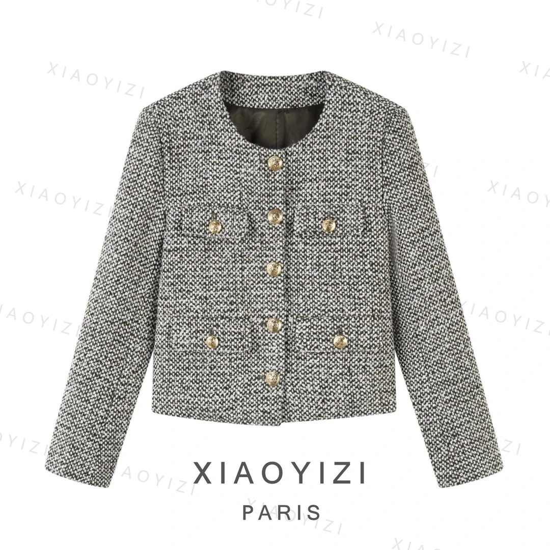 XYZ STUDIO 翡翠幻境 百搭格子粗花呢小香风羊毛小个子上衣女外套