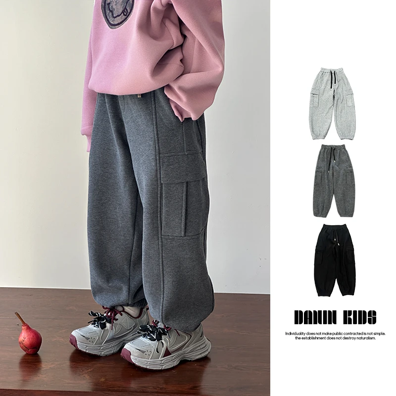 【嗒囜】女童秋冬季宽松百搭阔腿束脚加绒裤子时尚松紧腰加厚休闲裤