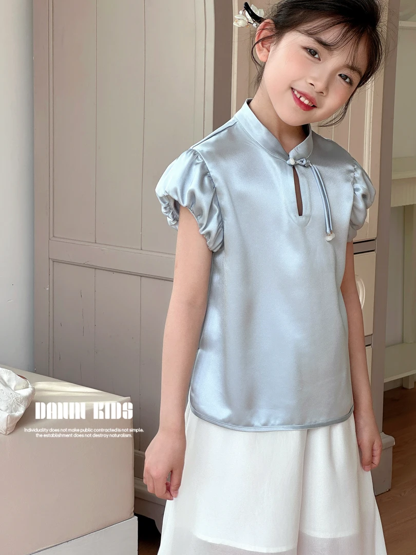 【嗒囜】240335 中大童夏季时尚泡泡袖T恤新中式立领上衣130