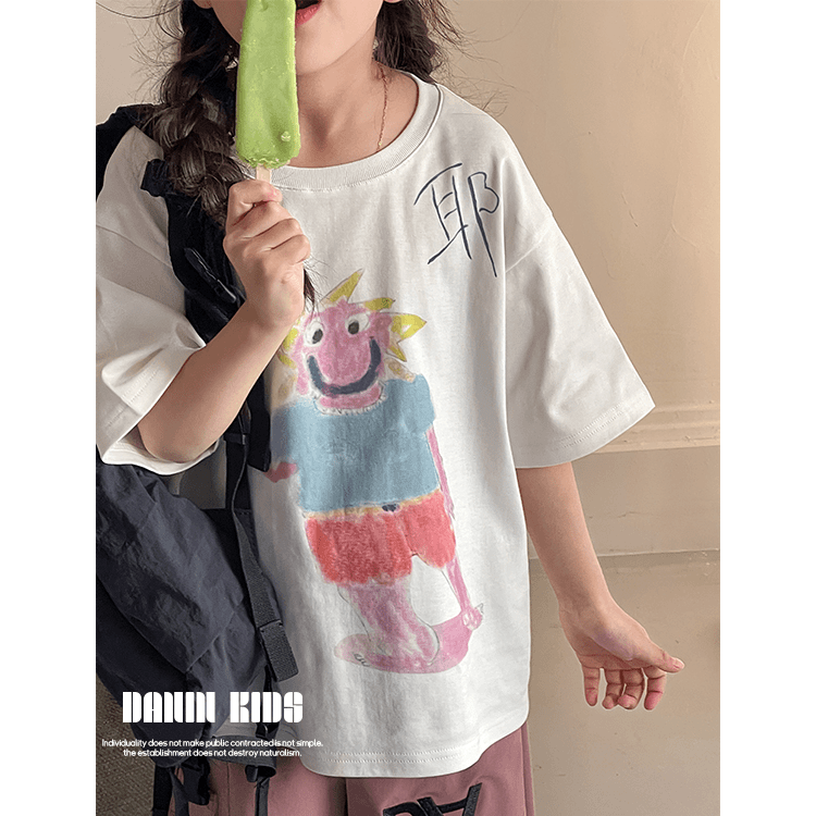【嗒囜】240953 女童夏季时尚百搭韩版卡通印花T恤中大童宽松上衣
