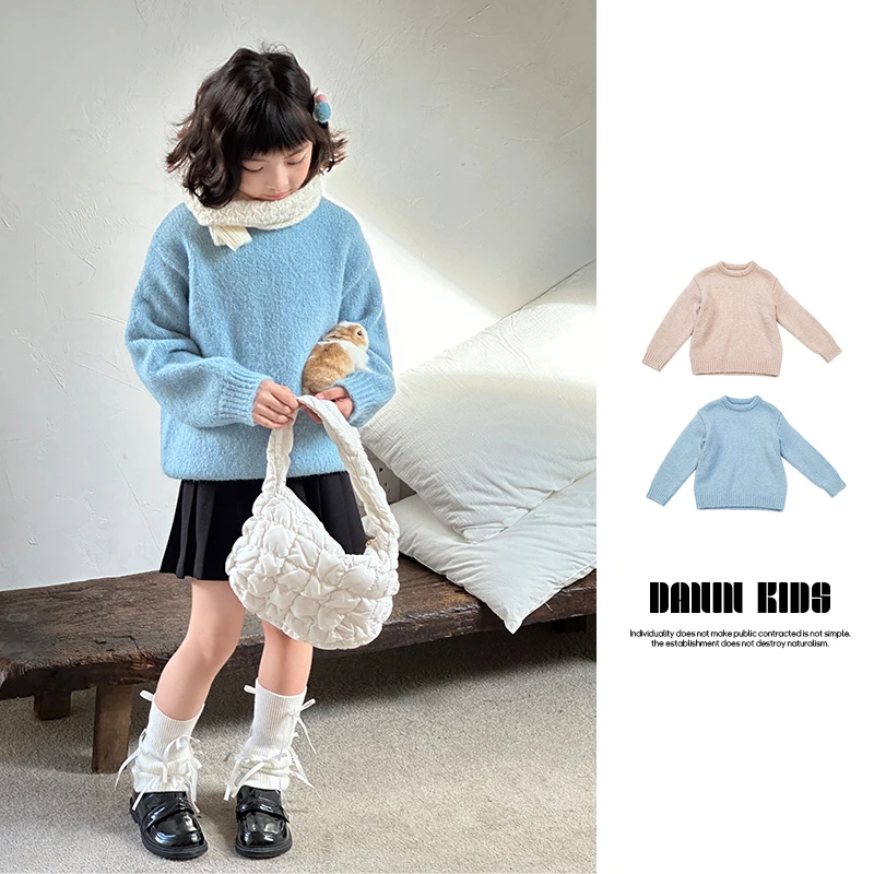 【嗒囜】现货女童韩版时尚百搭纯色套头毛衣儿童圆领洋气冬季上衣