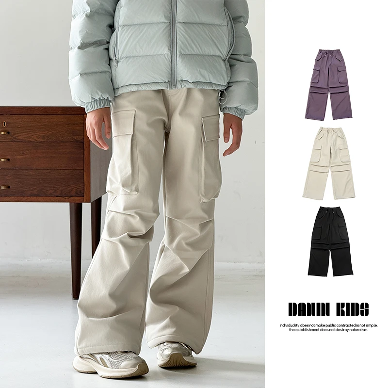 【嗒囜】男女童冬季时尚百搭加绒工装裤中大童松紧腰宽松长裤休闲裤