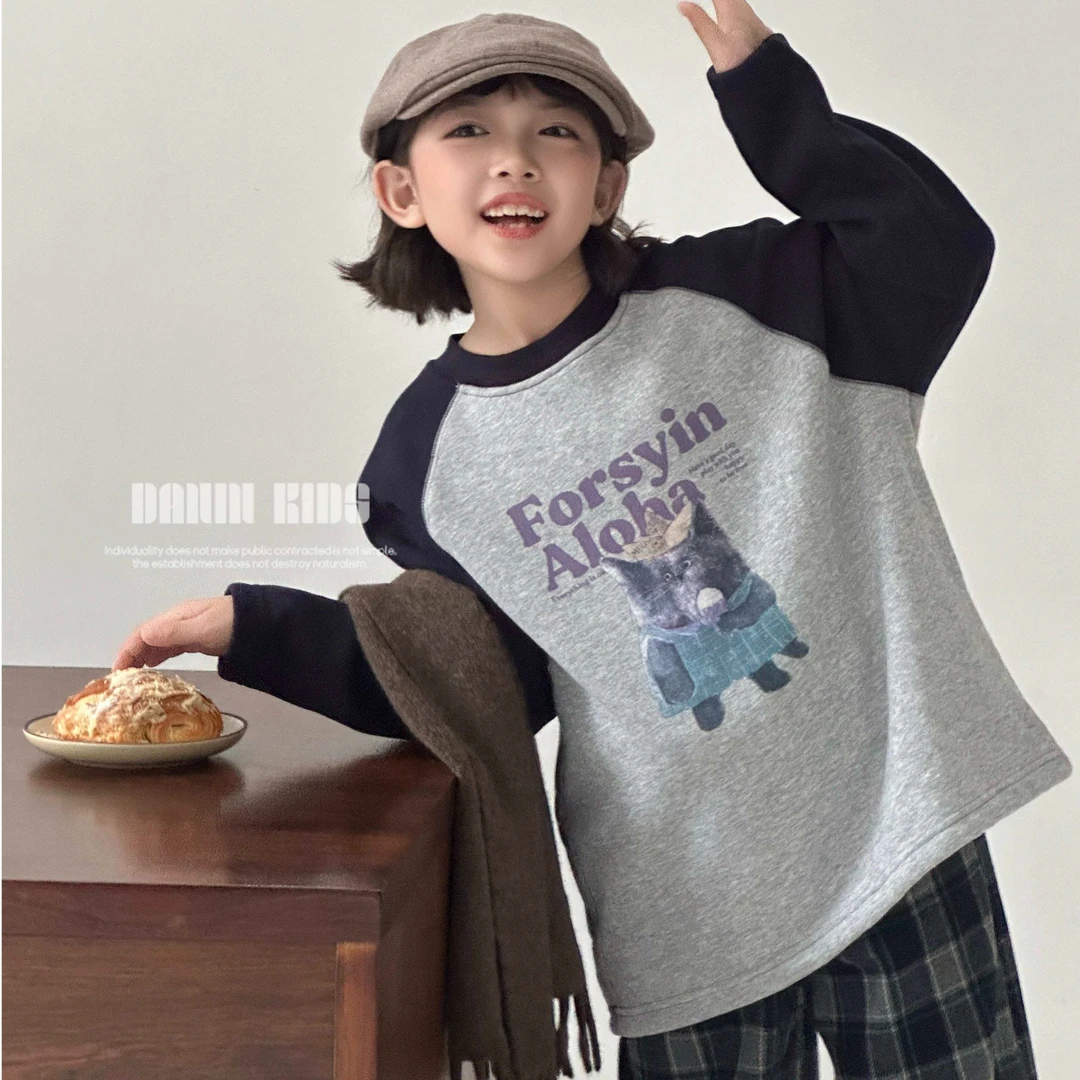 【嗒囜】儿童冬季百搭套头加绒卫衣女童韩版卡通印花宽松版长袖上衣