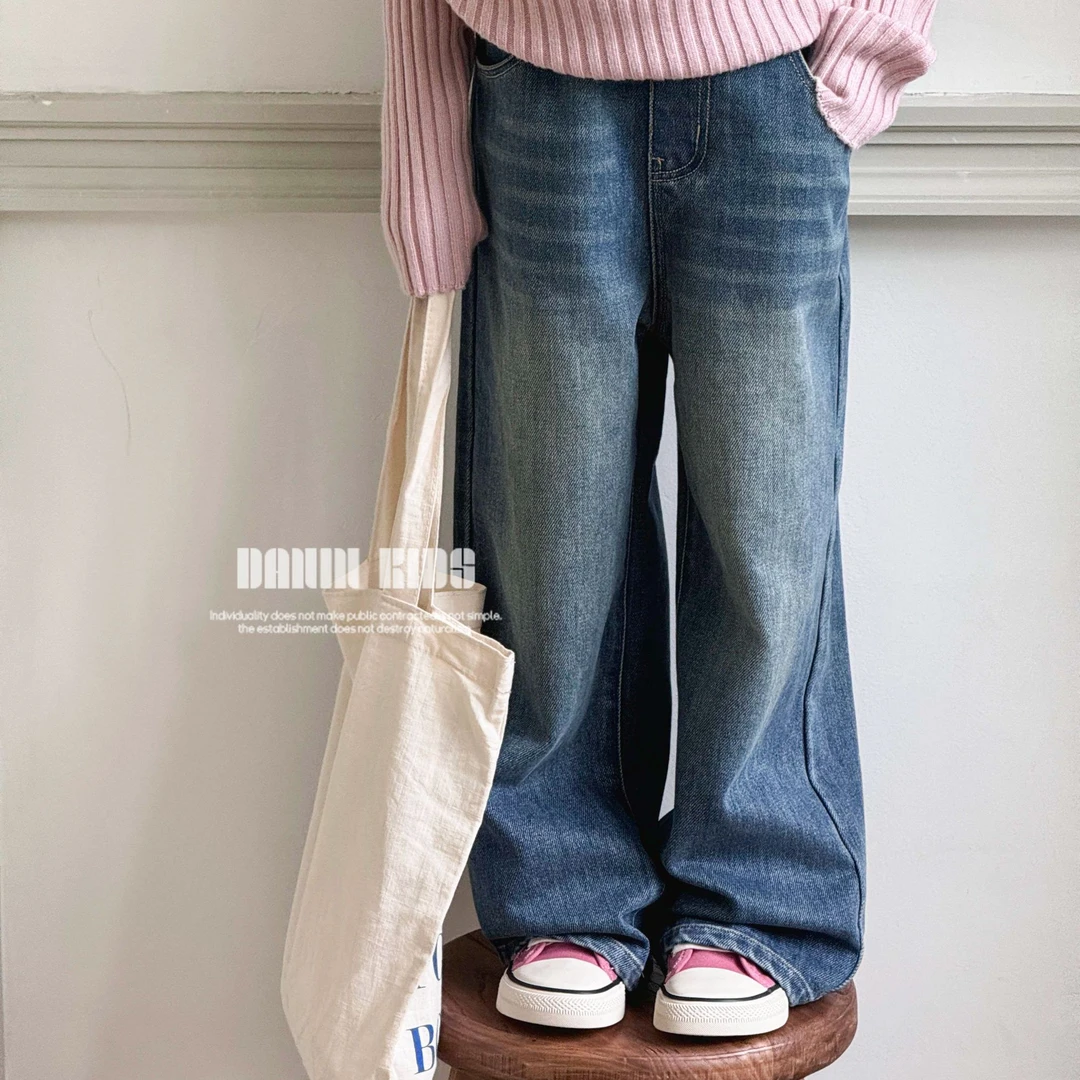 【嗒囜】春秋季水洗磨白牛仔裤拖地裤直筒长裤中大童女孩牛仔裤