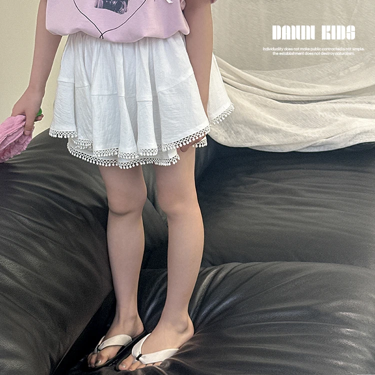 【嗒囜】女童夏季蕾丝拼接蓬蓬半身裙百搭松紧腰打底白色短裤242573