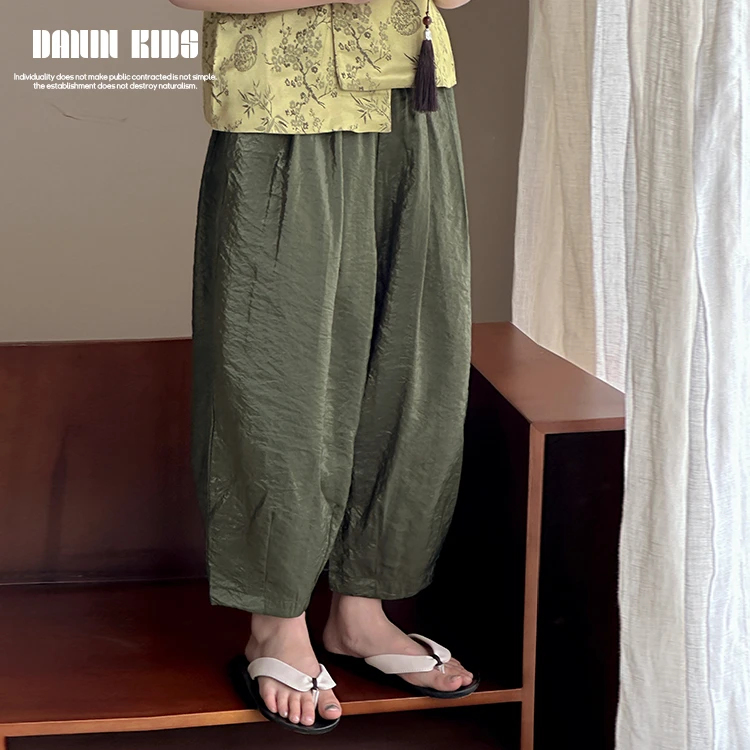 【嗒囜】女童夏季新中式宽松休闲萝卜裤设计感松紧腰锦面长裤241570