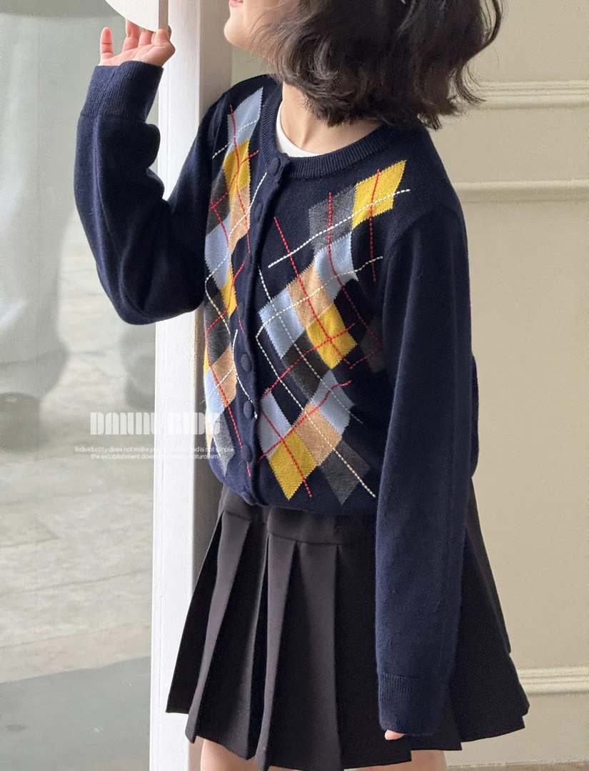 【嗒囜】中大童25春秋季织花菱型格羊毛针织衫儿童毛衣单排扣外套