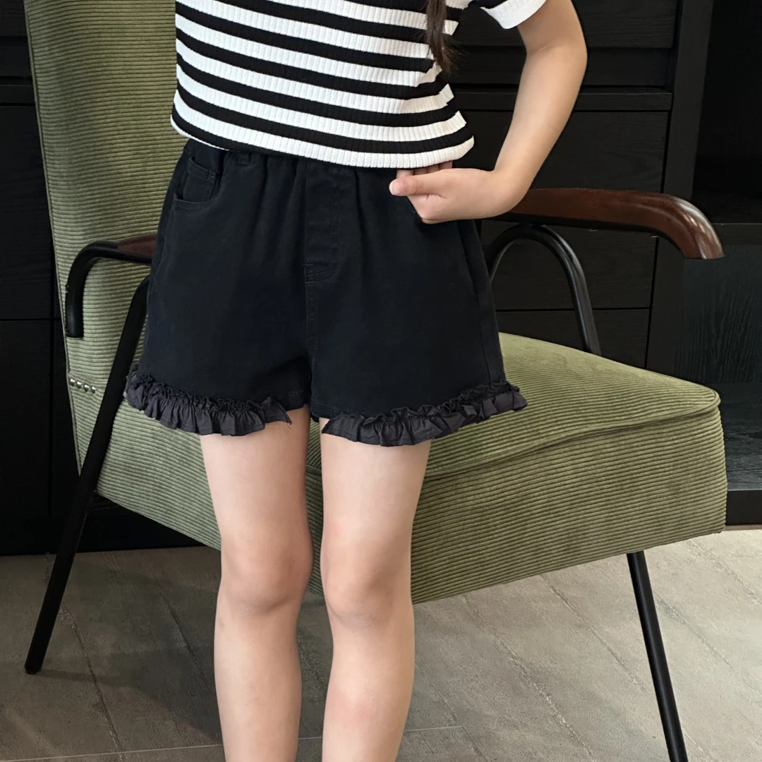 【嗒囜】女童夏季纯色松紧腰休闲裤时尚百搭裤子儿童洋气花瓣边短裤