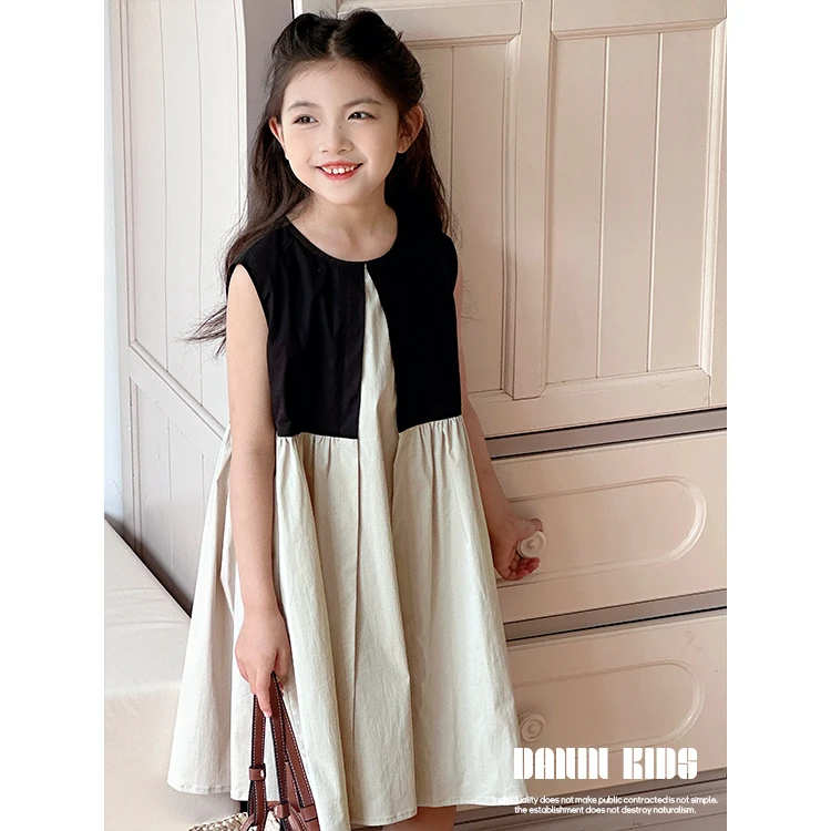 【嗒囜】242128女童气质撞色拼接无袖连衣裙宝宝时尚设计宽松背心