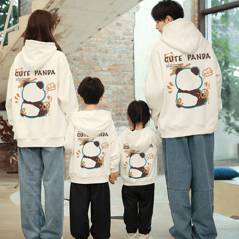 亲子装一家三口2024新年款休闲亲子装母女装秋冬连帽加绒卫衣熊猫