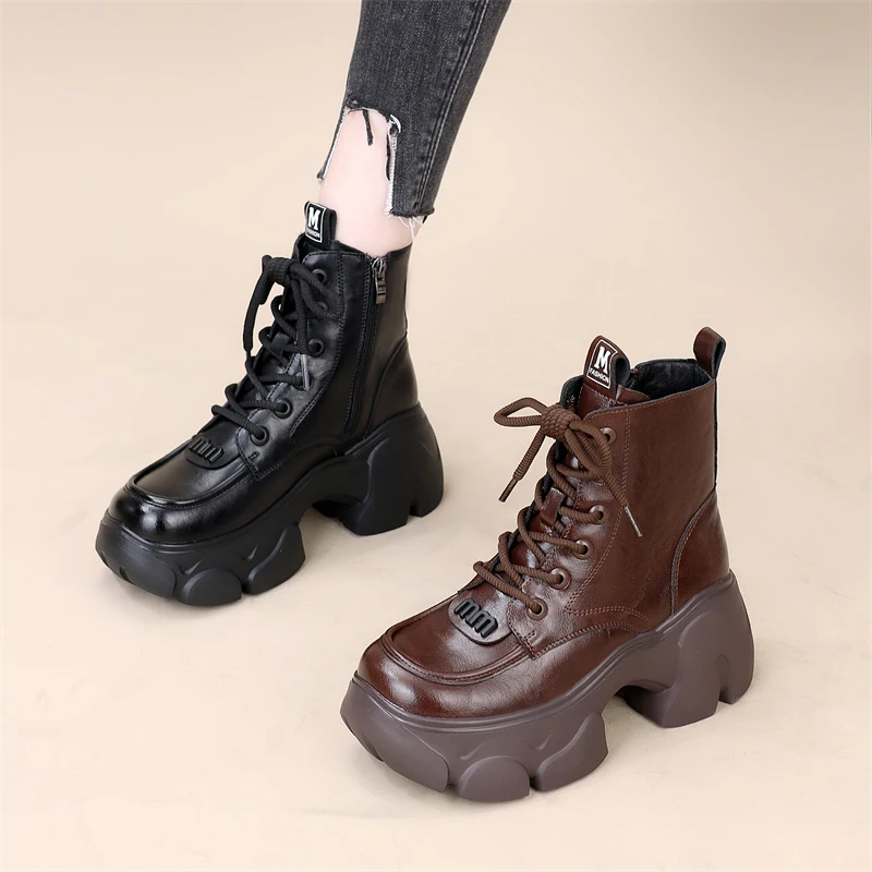 高跟真皮马丁靴女百搭秋冬小个子增高厚底轻便时尚加绒牛皮短靴