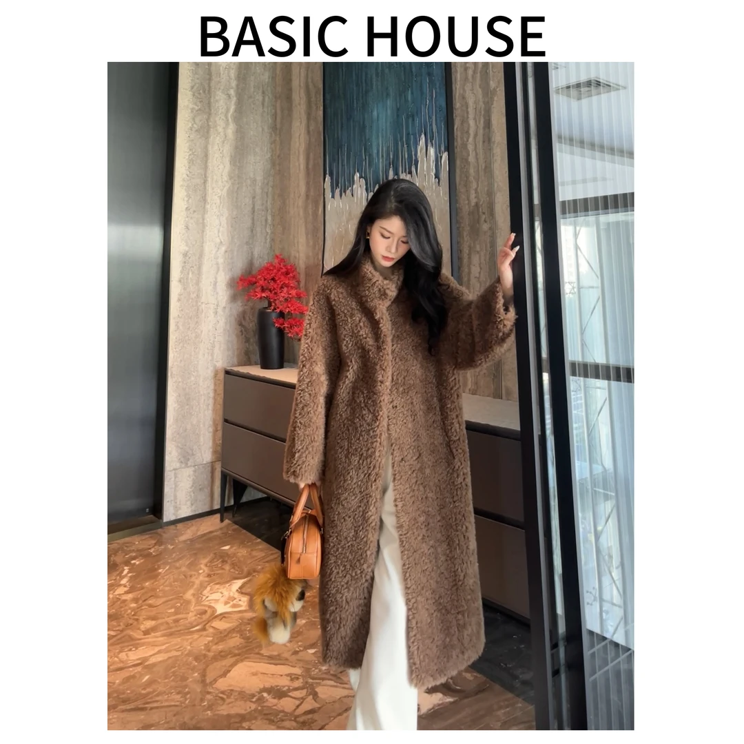 Basic House/百家好新款高端轻奢颗粒绵羊毛中长款咖色大衣外套A