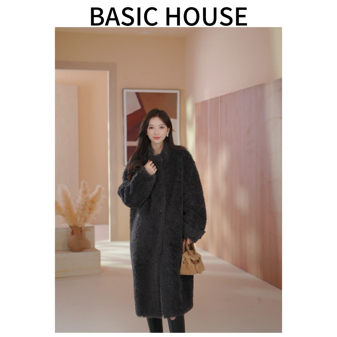 Basic House/百家好冬季新款羊毛大衣百搭高端立领中长款外套女C