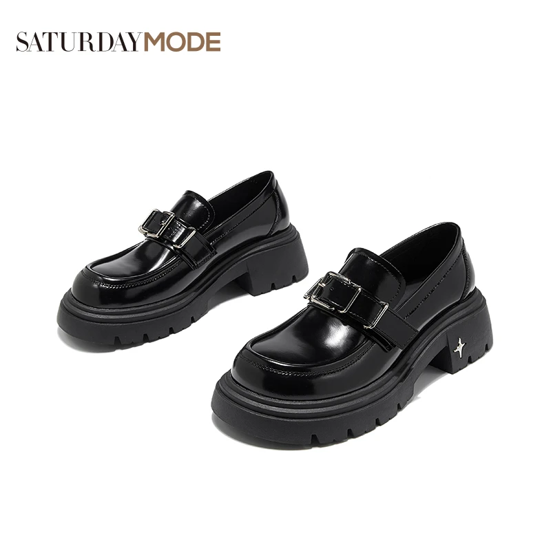 SATURDAYMODE/英伦风黑色皮带扣小皮鞋女2024新款厚底粗跟乐福鞋