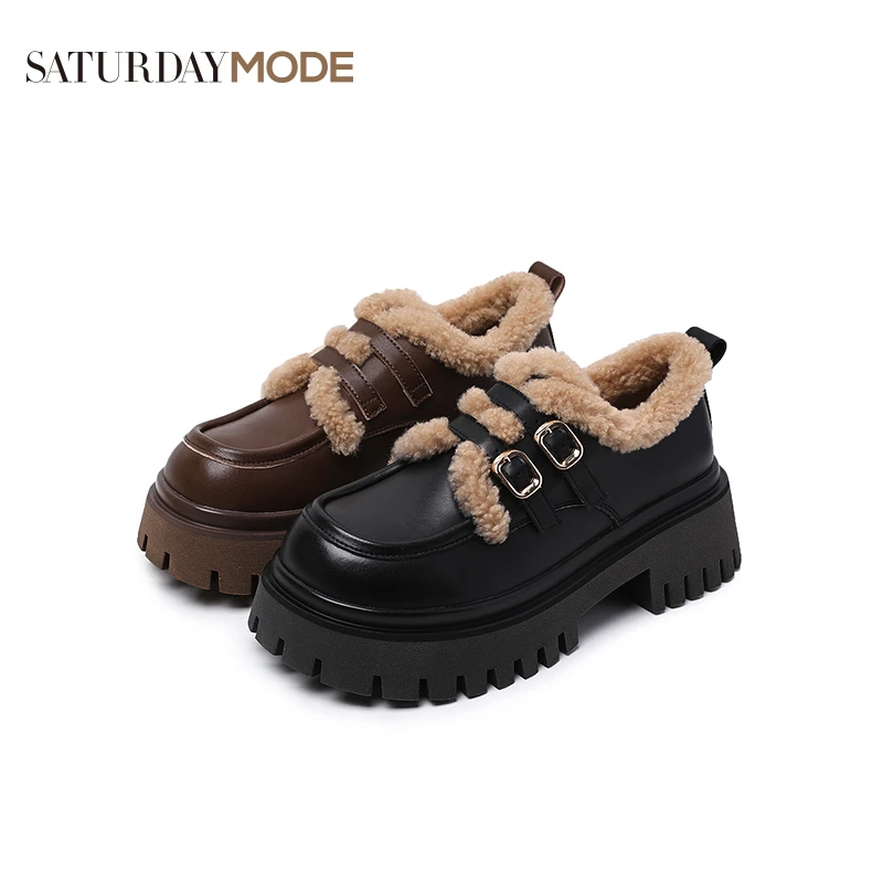 SATURDAYMODE女鞋//厚底粗跟真皮时尚百搭英伦风乐福鞋MD34118F11