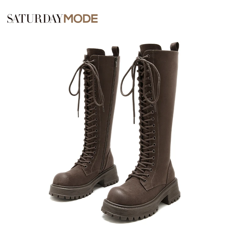 SATURDAYMODE女鞋//厚底英伦风女士真皮长筒时装靴小个子百搭 PZ
