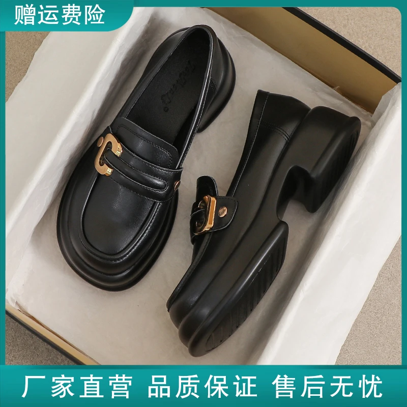 真皮小皮鞋女厚底2025新款春秋季黑色33英伦风加绒高跟34码乐福鞋