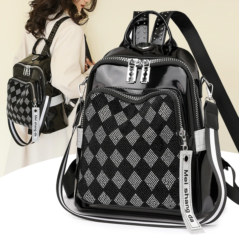 【粉丝专属】轻奢时尚菱格镶钻双肩包女士高级质感休闲百搭亮面背包