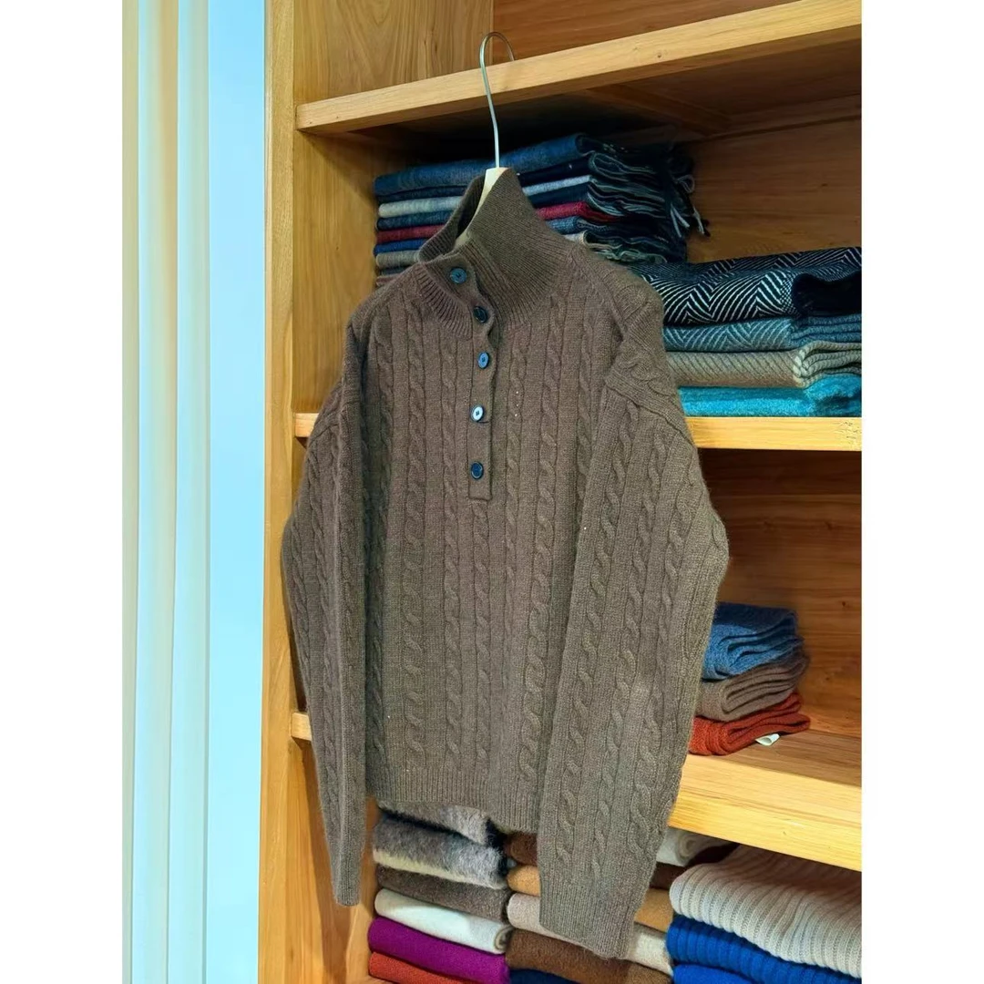 【Yangzipuzi】秋冬高领可立领可翻领纽扣半开襟绞花套头长袖毛衣