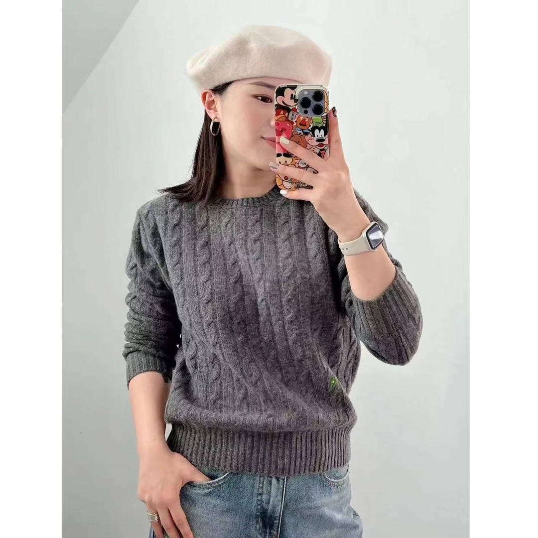 【Yangzipuzi】圆领麻花小花刺绣套头毛衣