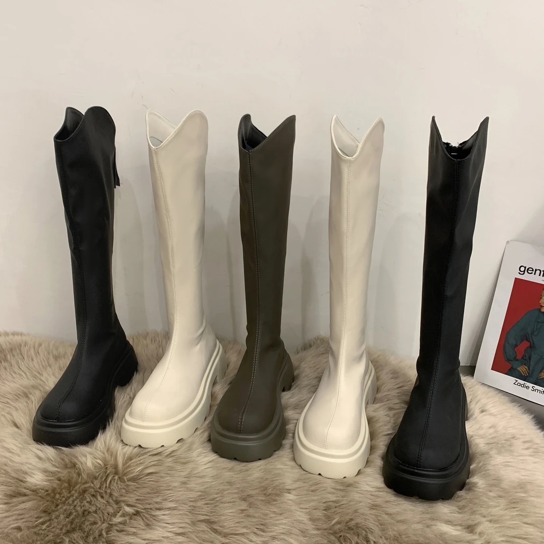 2023秋冬新款时装长筒靴女简约百搭厚底时尚不过膝长靴小个子靴子