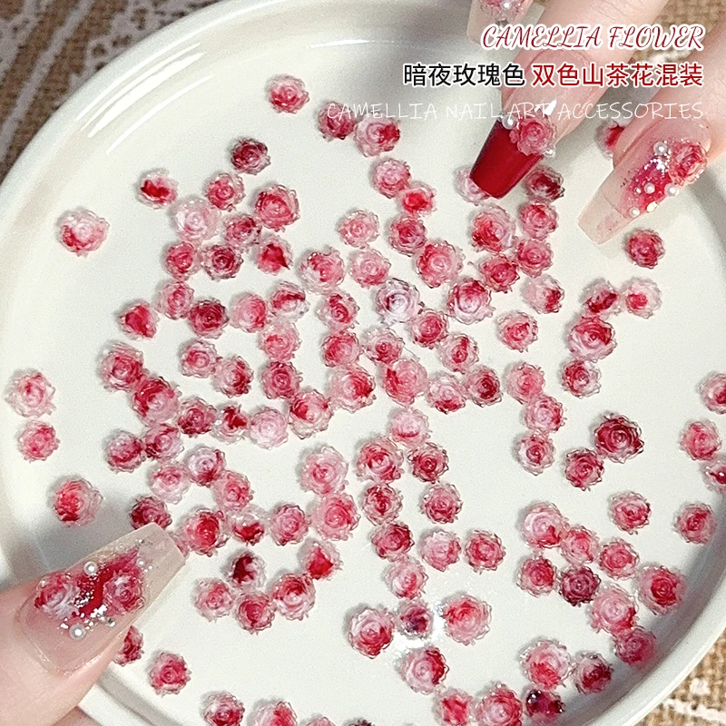 双色暗夜玫瑰山茶花美甲饰品2024新款指甲冰透玫瑰色尖底美甲饰品