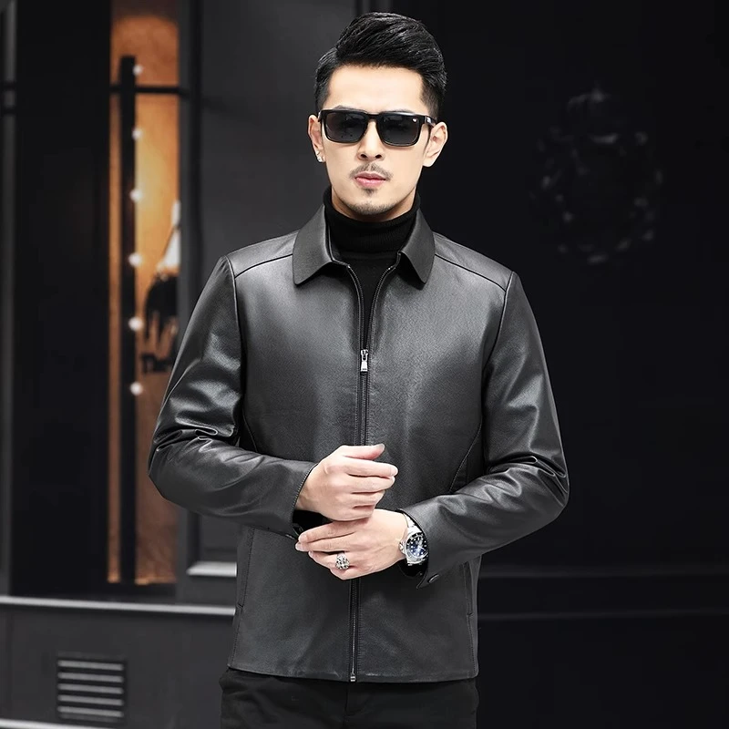 海宁男士头层牛皮真皮皮衣春秋季高档时尚商务翻领爸爸皮夹克外套