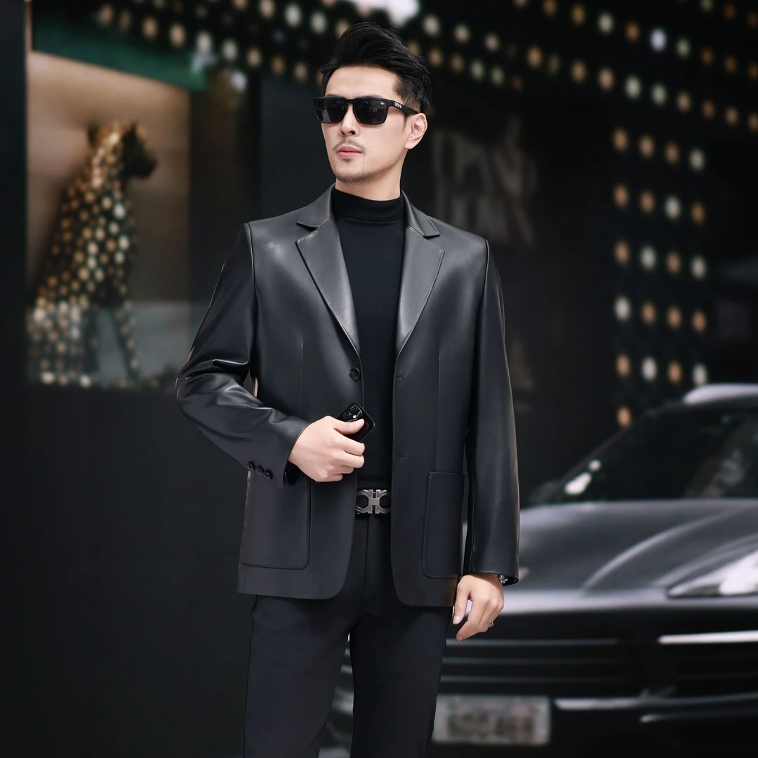 海宁绵羊皮男士真皮皮衣秋冬高档商务帅气韩版修身皮西服外套