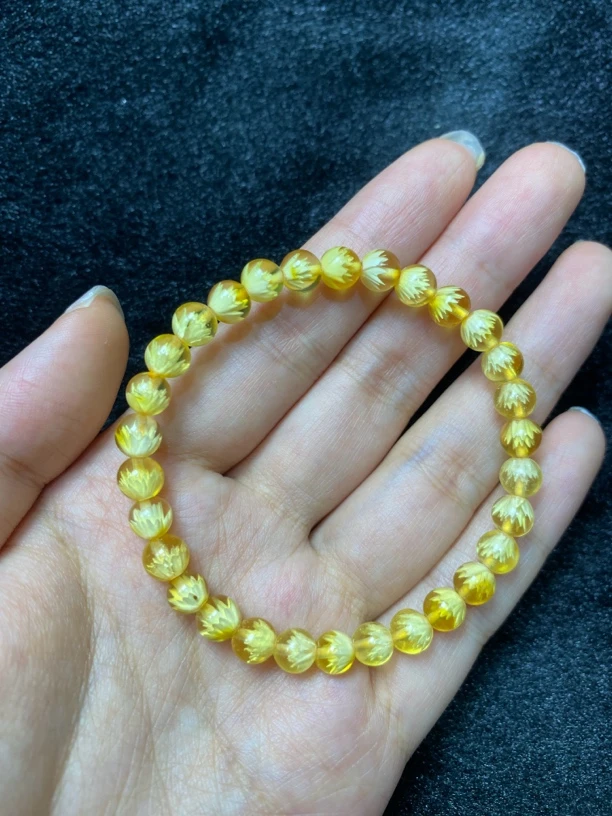 天然琥珀蜜蜡雕刻莲花手串 6m+